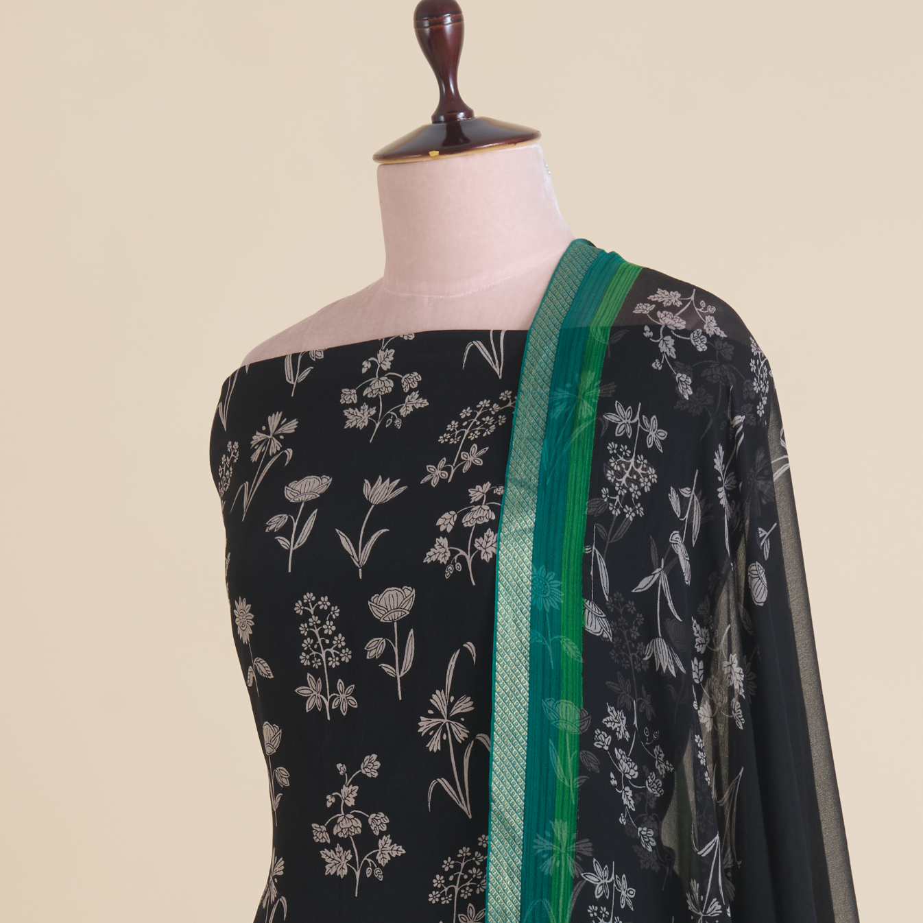 Black & Green Pure Crepe Printed Suit with Georgette Dupatta