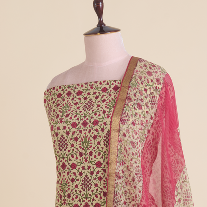 Beige & Pink Pure Crepe Printed Suit with Georgette Dupatta