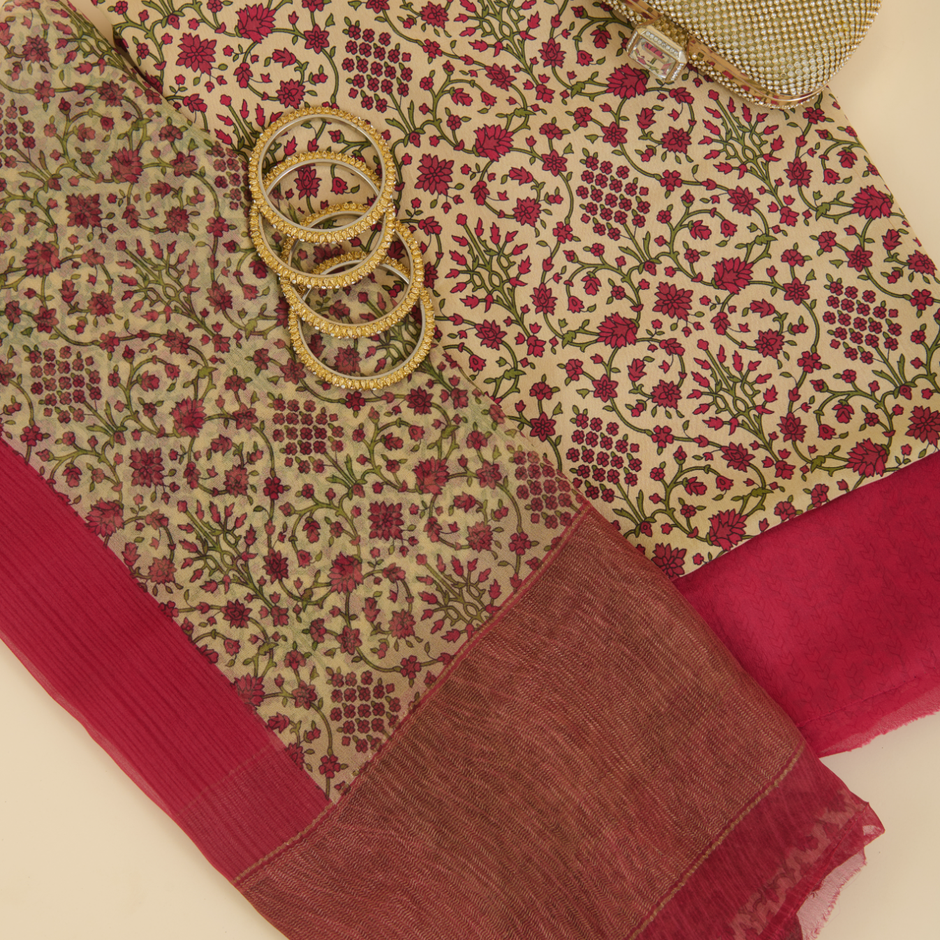 Beige & Pink Pure Crepe Printed Suit with Georgette Dupatta