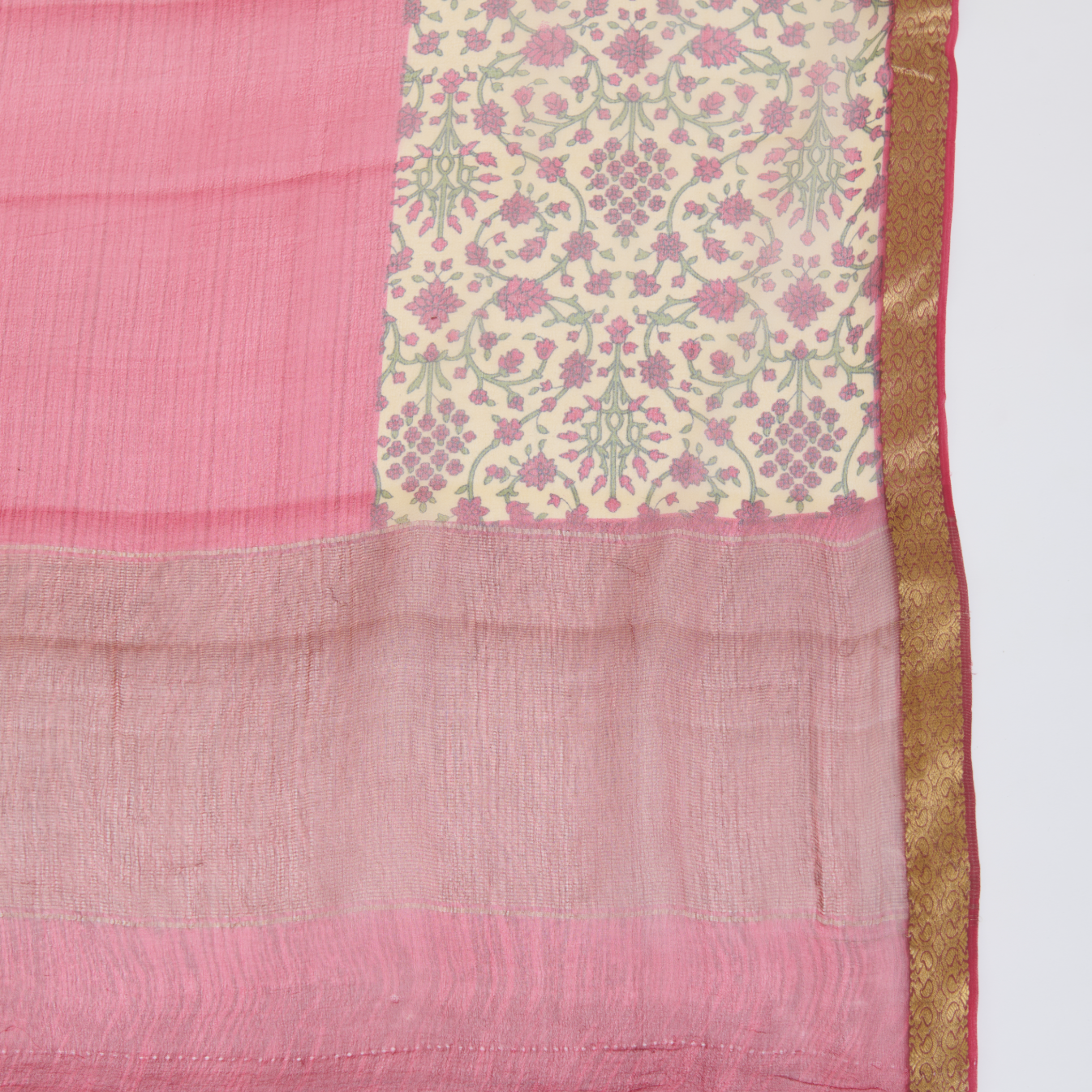 Beige & Pink Pure Crepe Printed Suit with Georgette Dupatta