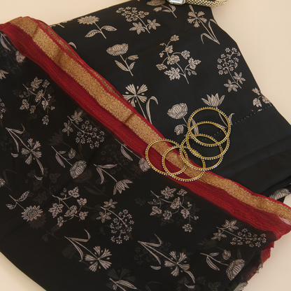 Black Red Pure Crepe Printed Suit with Georgette Border Dupatta