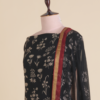 Black Red Pure Crepe Printed Suit with Georgette Border Dupatta