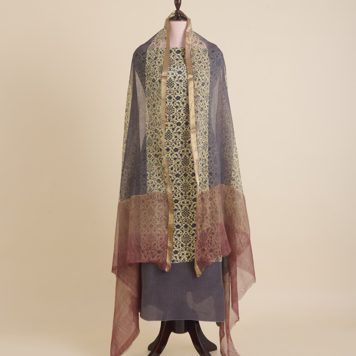 Beige & Grey Pure Crepe Printed Suit with Georgette Dupatta