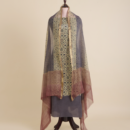Beige & Grey Pure Crepe Printed Suit with Georgette Dupatta