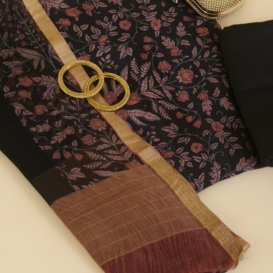 Black Peach Pure Crepe Printed Suit with Georgette Dupatta