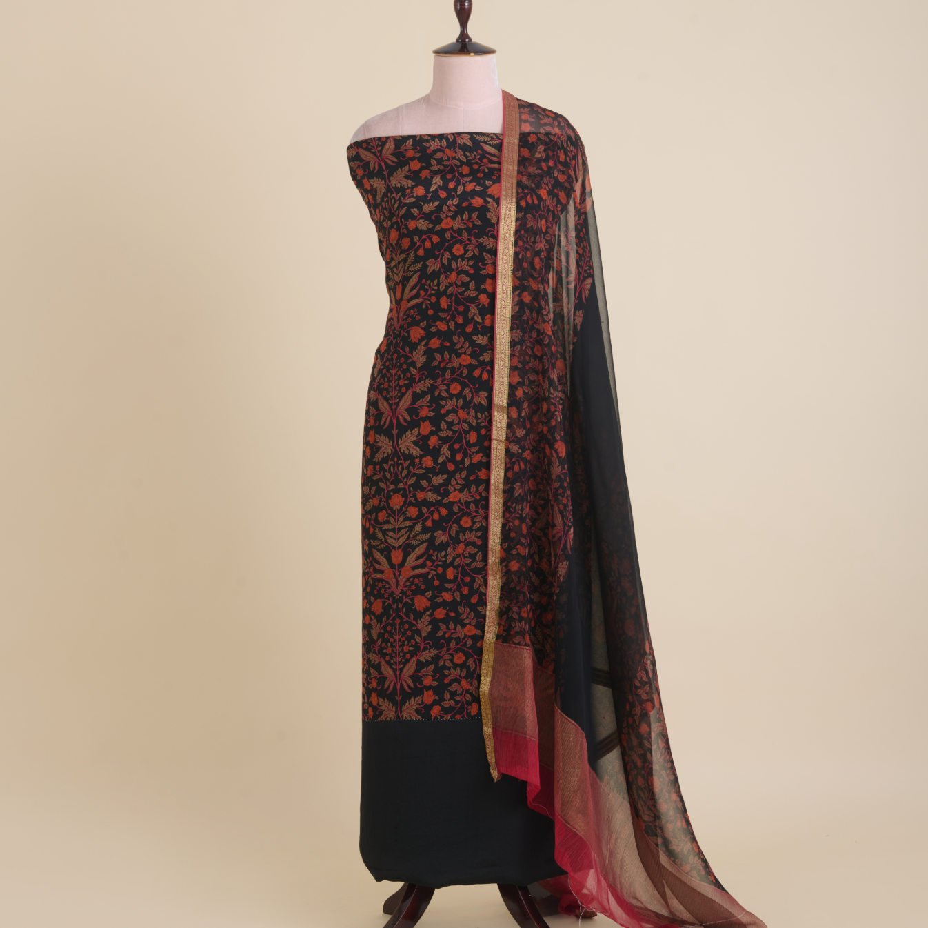 Black & Red Pure Crepe Printed Suit with Georgette Dupatta