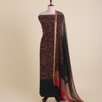 Black & Red Pure Crepe Printed Suit with Georgette Dupatta
