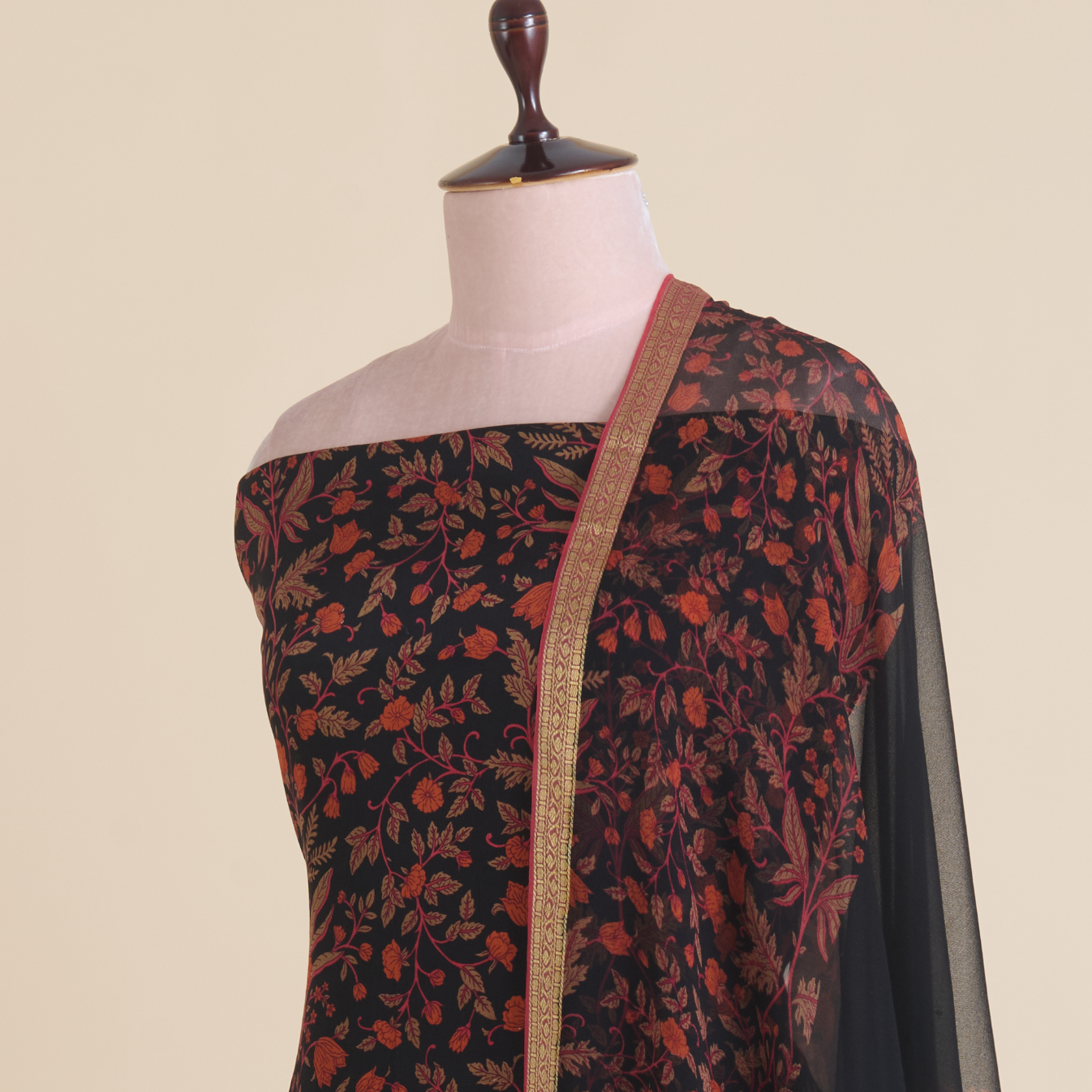 Black & Red Pure Crepe Printed Suit with Georgette Dupatta