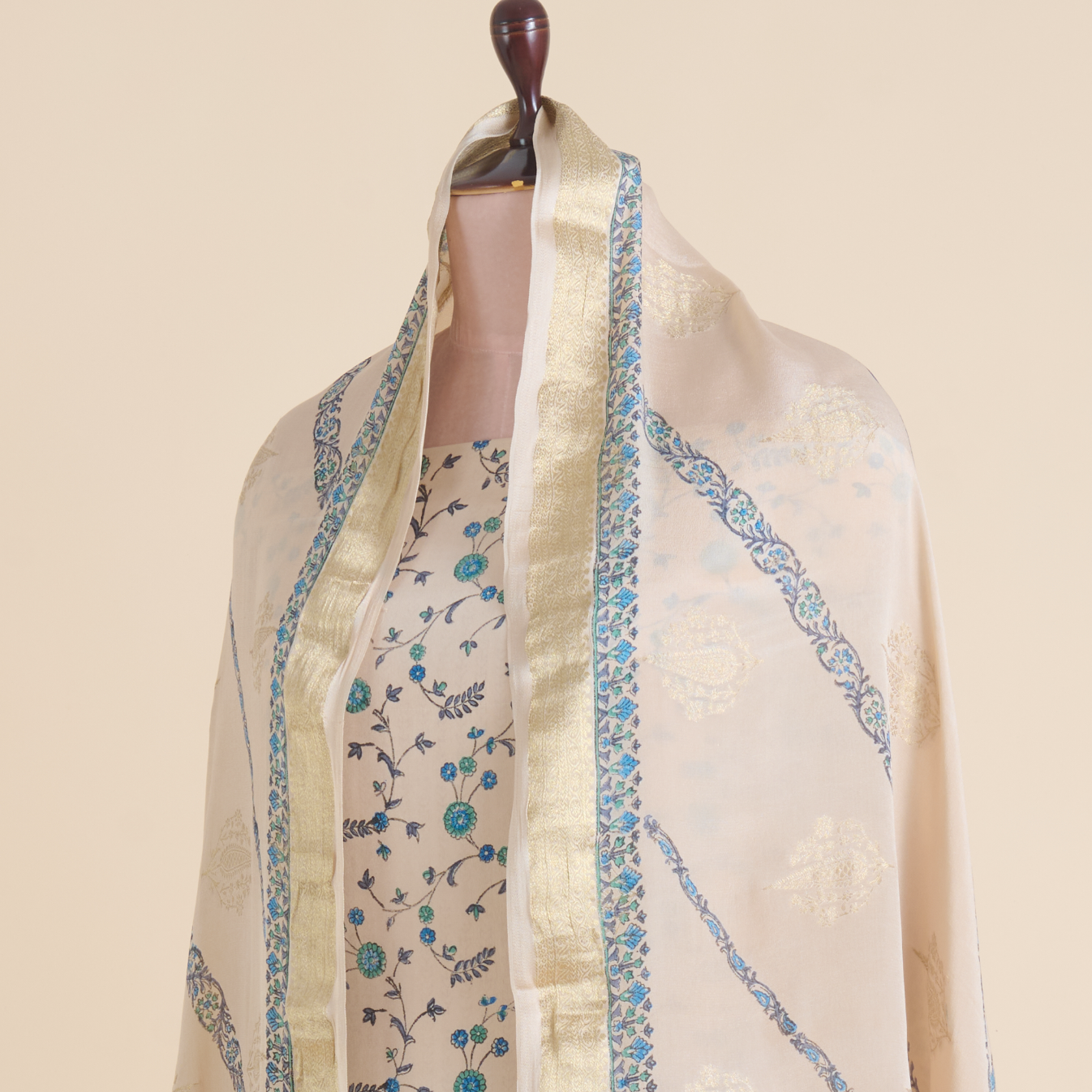 Cream Pure Crepe Printed Suit with Georgette Border Dupatta