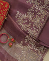 Dark Mauve Silk Organza Suit with Zardozi & Bead Embroidery