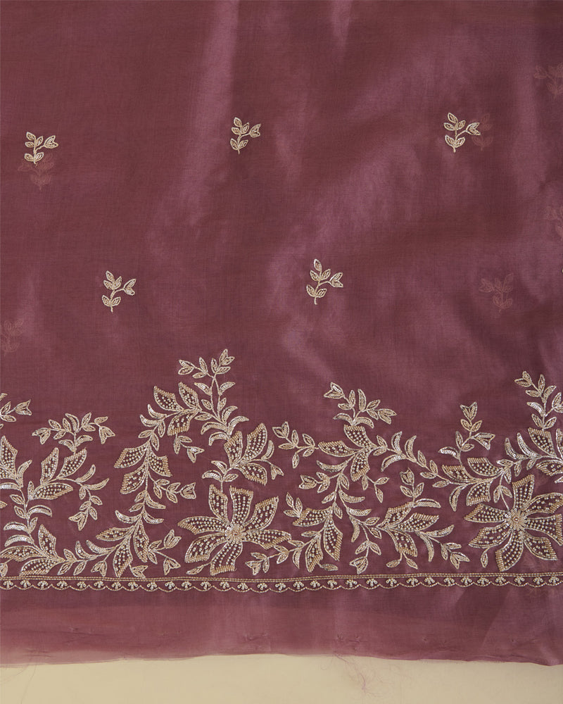 Dark Mauve Silk Organza Suit with Zardozi & Bead Embroidery