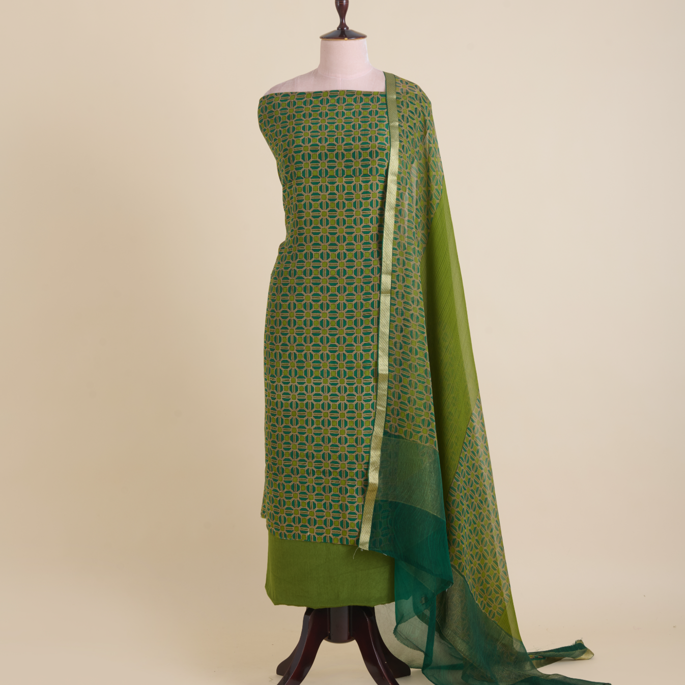 Green Pure Crepe Printed Suit with Georgette Border Dupatta