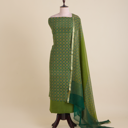 Green Pure Crepe Printed Suit with Georgette Border Dupatta