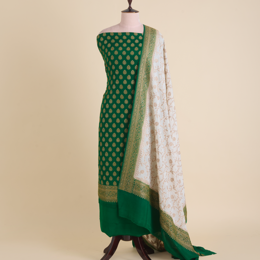 Green Pure Crepe Hand Woven Kurta Set with Dupatta