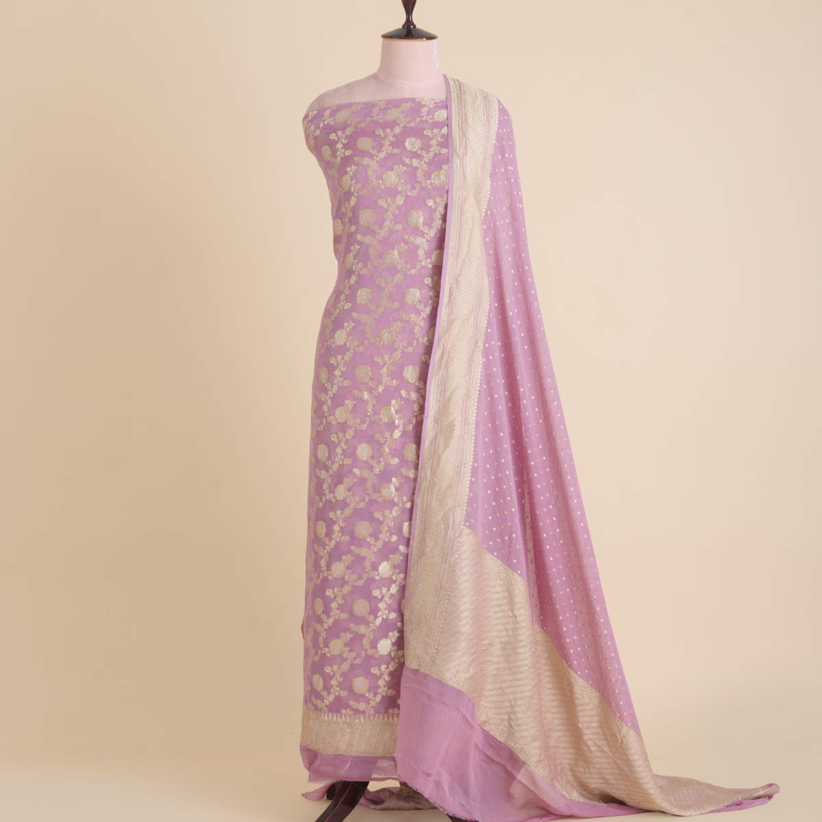 Lilac Pure Georgette Hand Woven Kurta Set with Dupatta