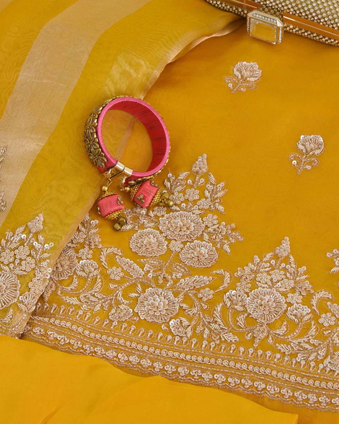 Mango Yellow Silk Organza Embroidered Kurta Set with Dupatta & Bottom