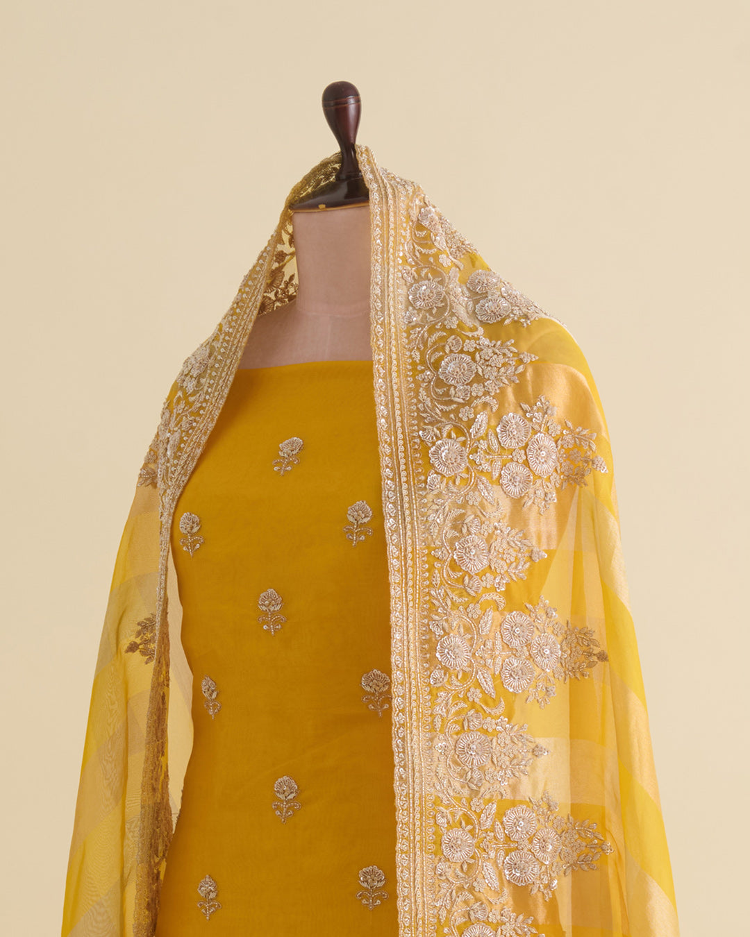 Mango Yellow Silk Organza Embroidered Kurta Set with Dupatta & Bottom