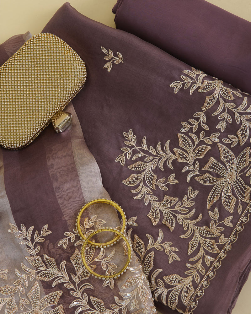 Misty Lilac Grey Silk Organza Suit with Zardozi Embroidery