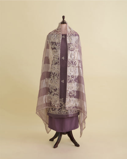 Silk Organza Suit with Zardozi Embroidery Misty Lilac Grey