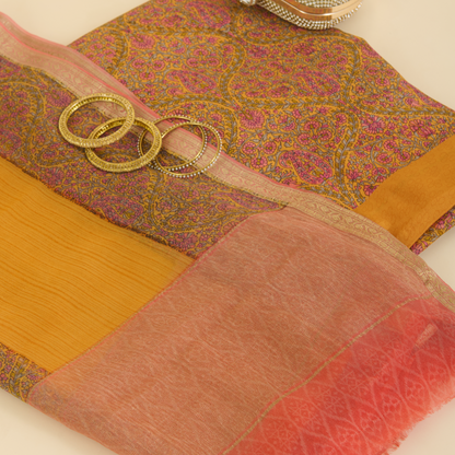 Orange Pure Crepe Printed Suit with Georgette Border Dupatta