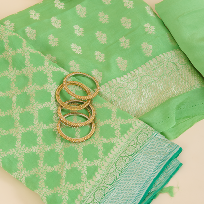 Parrot Green Pure Crepe Hand Woven Kurta Set
