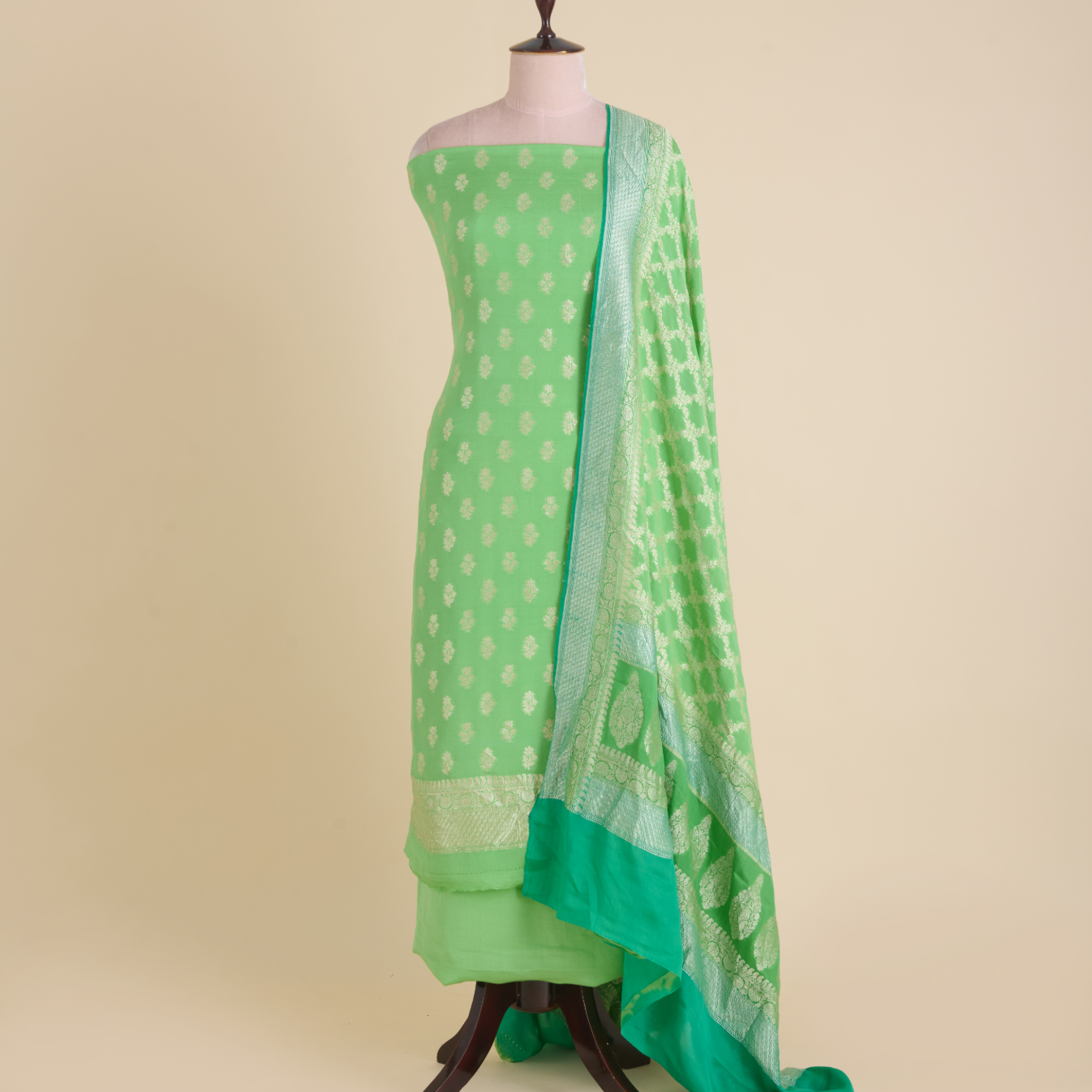 Parrot Green Pure Crepe Hand Woven Kurta Set