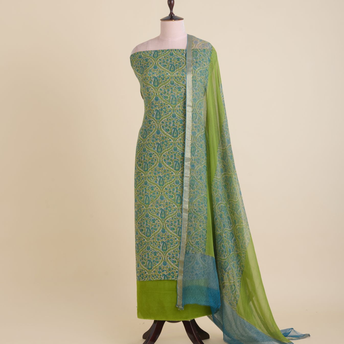 Parrot Green Pure Crepe Printed Suit with Georgette Dupatta