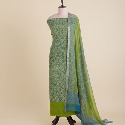 Parrot Green Pure Crepe Printed Suit with Georgette Dupatta