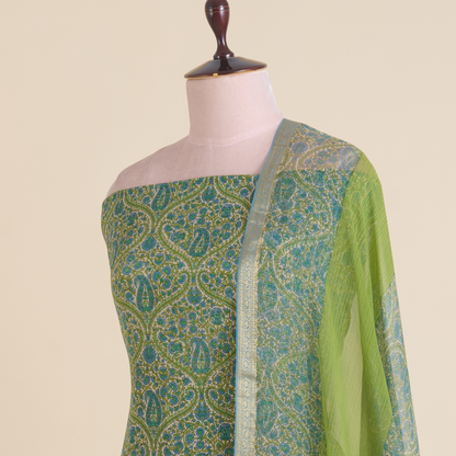 Parrot Green Pure Crepe Printed Suit with Georgette Dupatta