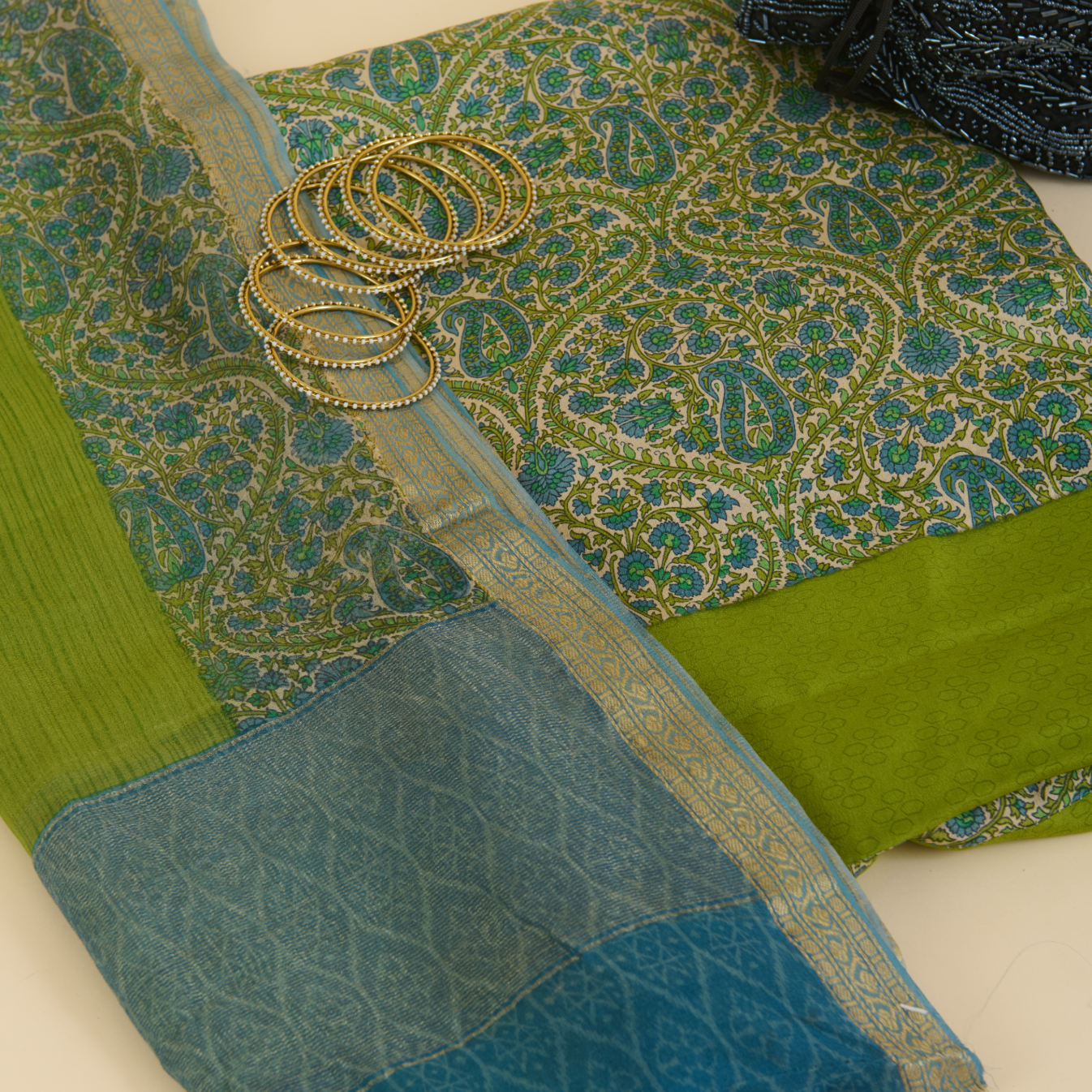 Parrot Green Pure Crepe Printed Suit with Georgette Dupatta