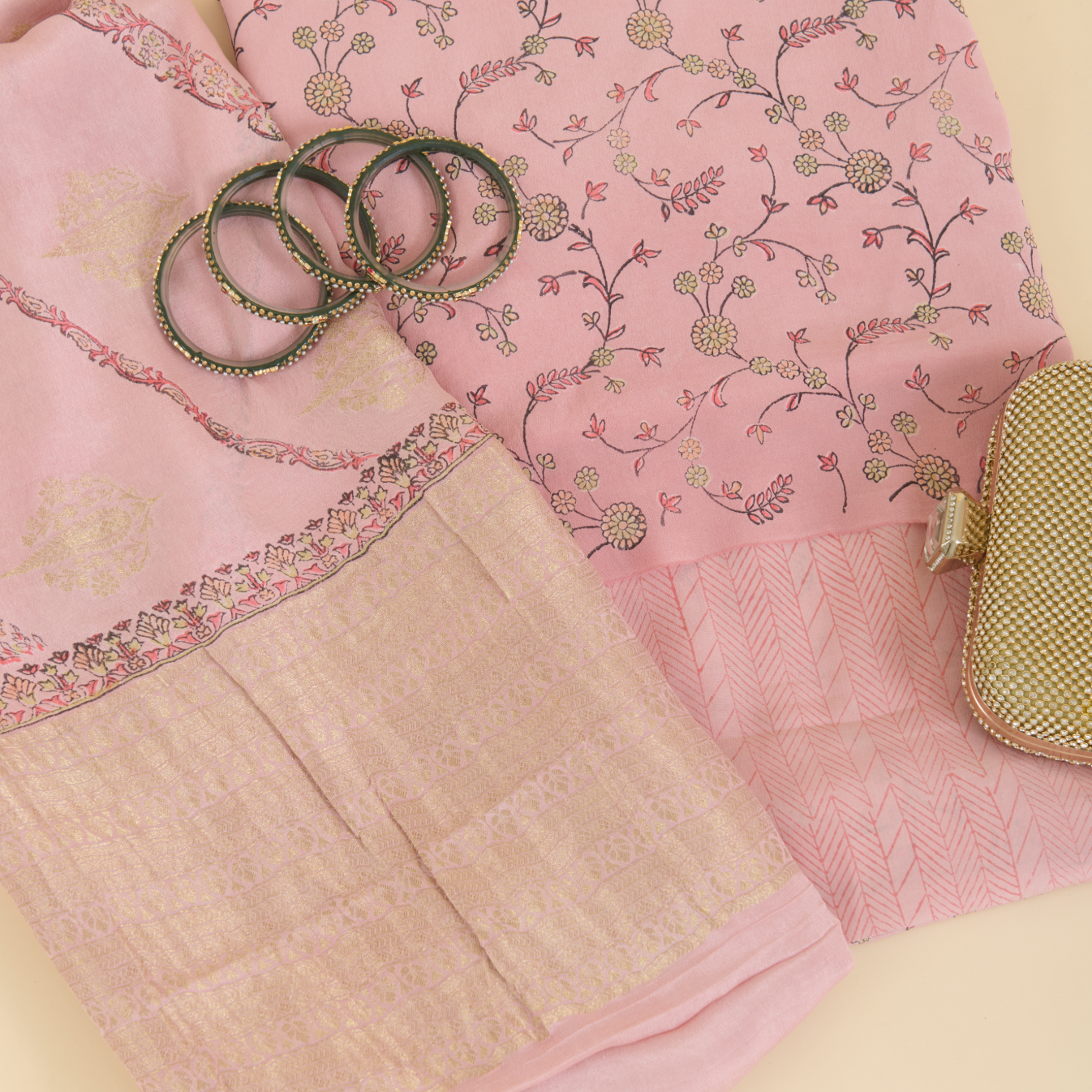 Pastel Pink Pure Crepe Printed Suit with Georgette Dupatta