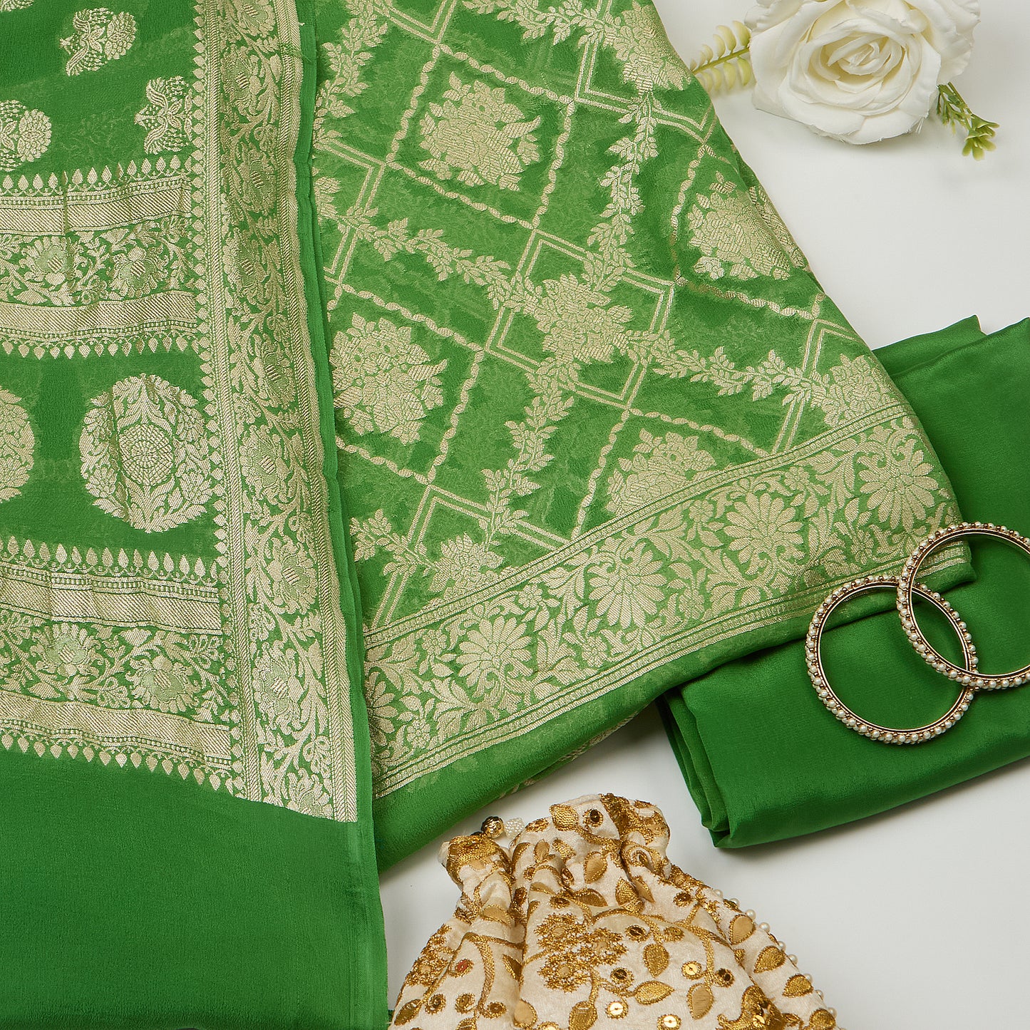 Parrot Green Pure Georgette Handwoven Kurta Set with Heavy Jaal Dupatta