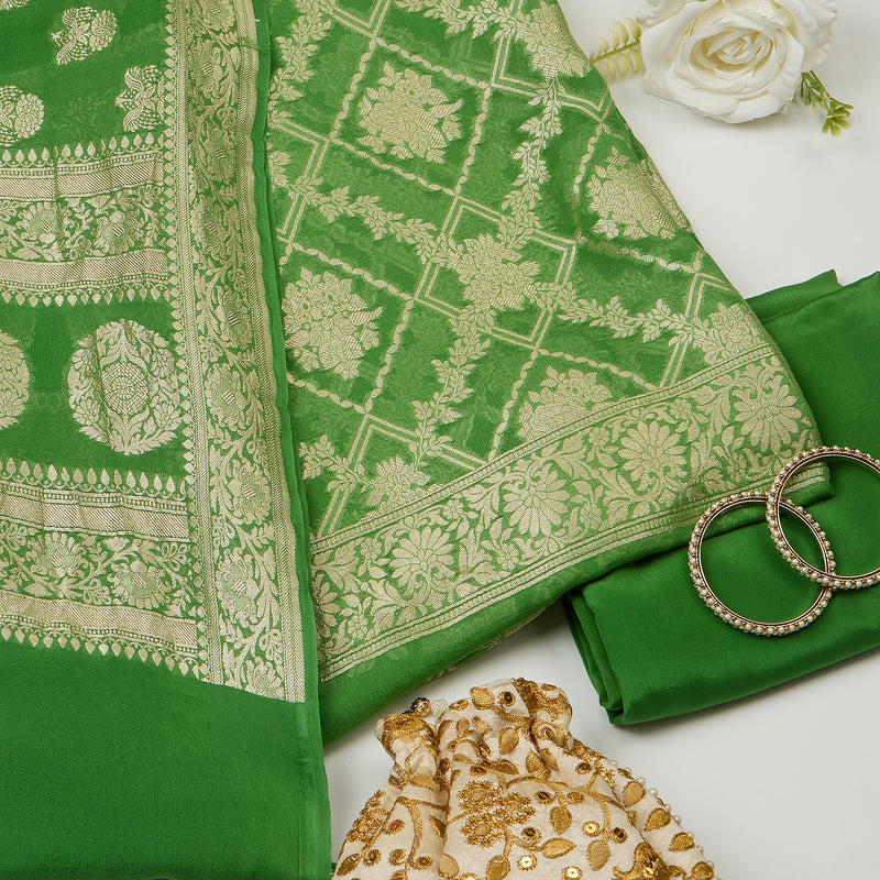 Parrot Green Pure Georgette Handwoven Kurta Set with Heavy Jaal Dupatta