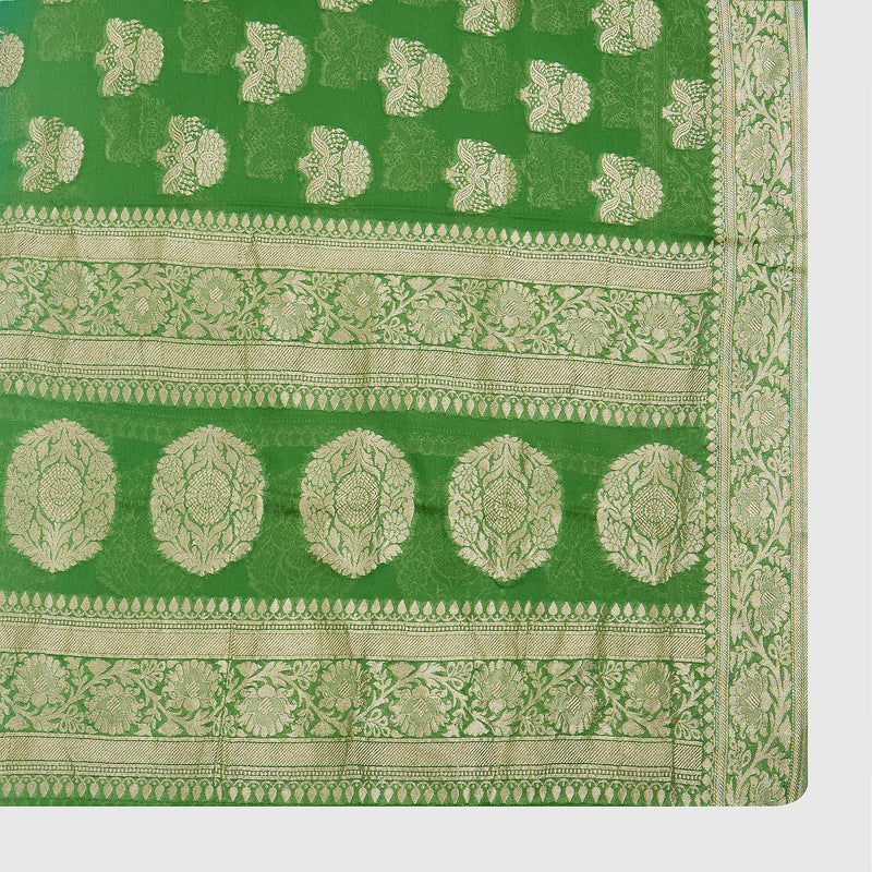 Parrot Green Pure Georgette Handwoven Kurta Set with Heavy Jaal Dupatta