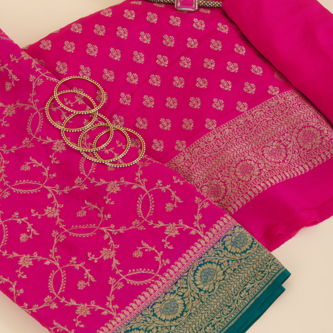 Rani Pink Pure Crepe Hand Woven Kurta Set with Dupatta