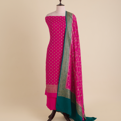 Rani Pink Pure Crepe Hand Woven Kurta Set with Dupatta
