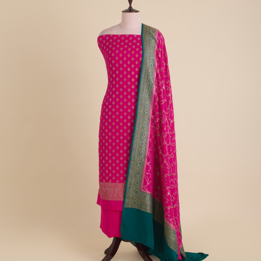 Rani Pink Pure Crepe Hand Woven Kurta Set with Dupatta