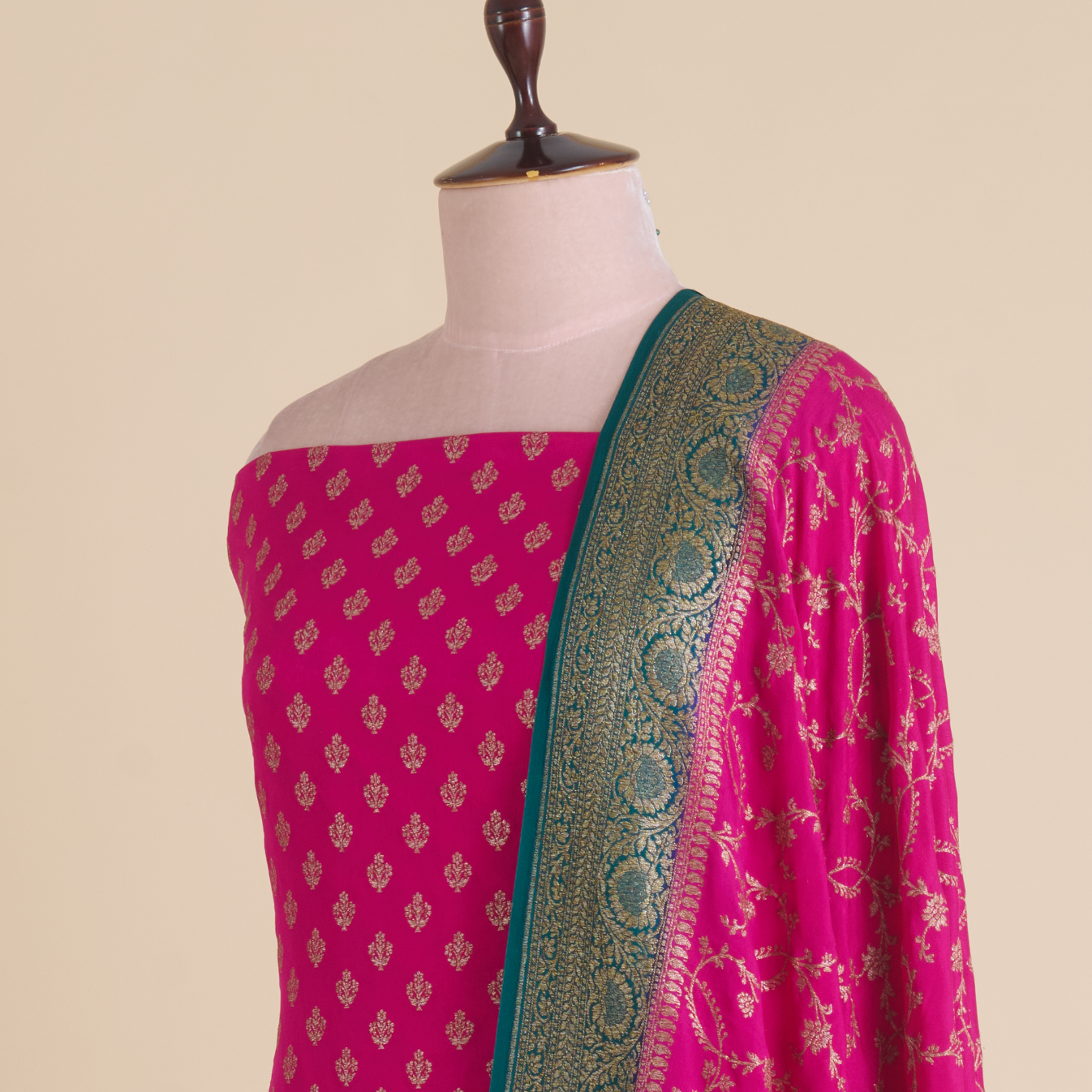 Rani Pink Pure Crepe Hand Woven Kurta Set with Dupatta