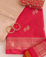 Tomato Pink Pure Silk Hand Woven Suit with Dupatta