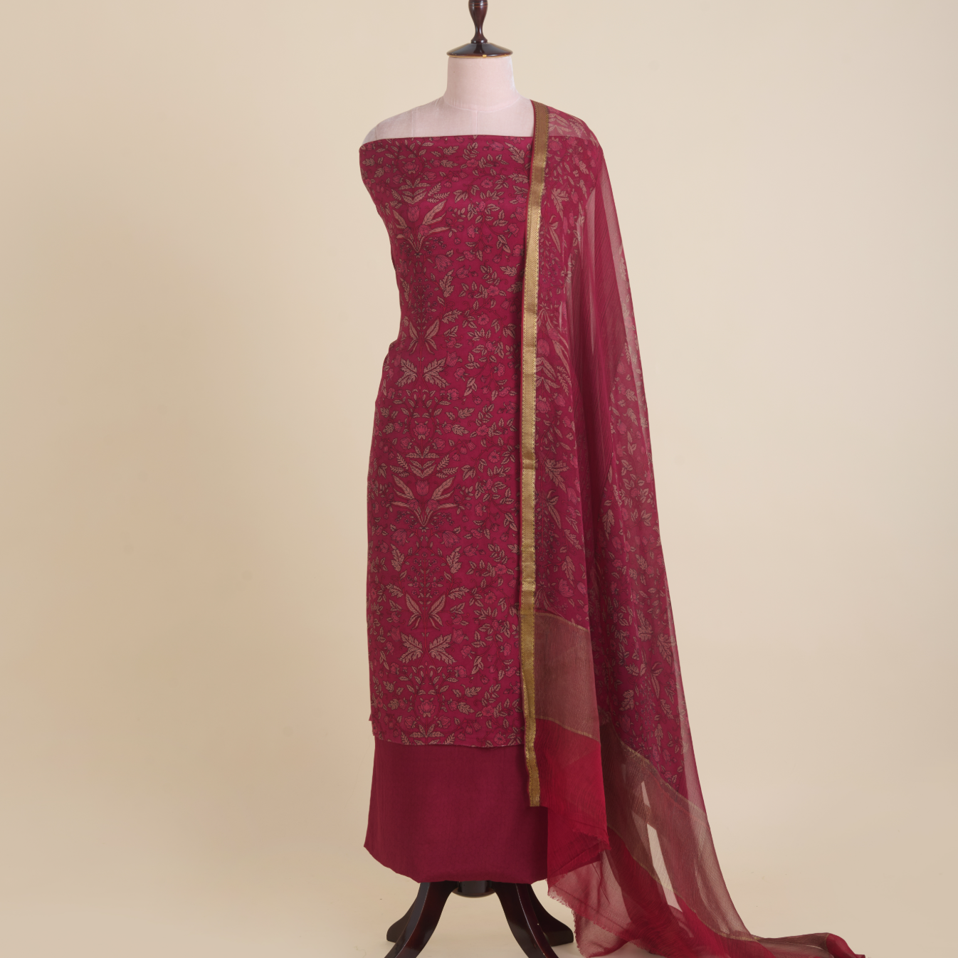 Wine Pure Crepe Printed Suit with Georgette Border Dupatta