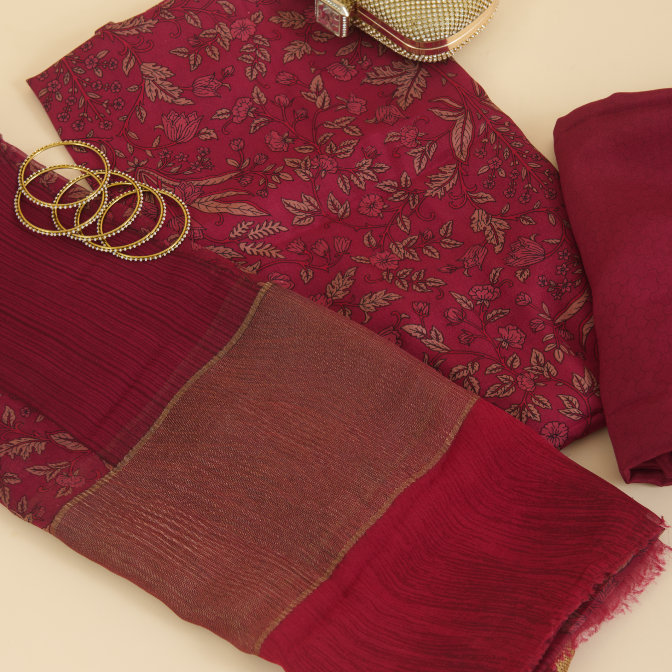 Wine Pure Crepe Printed Suit with Georgette Border Dupatta