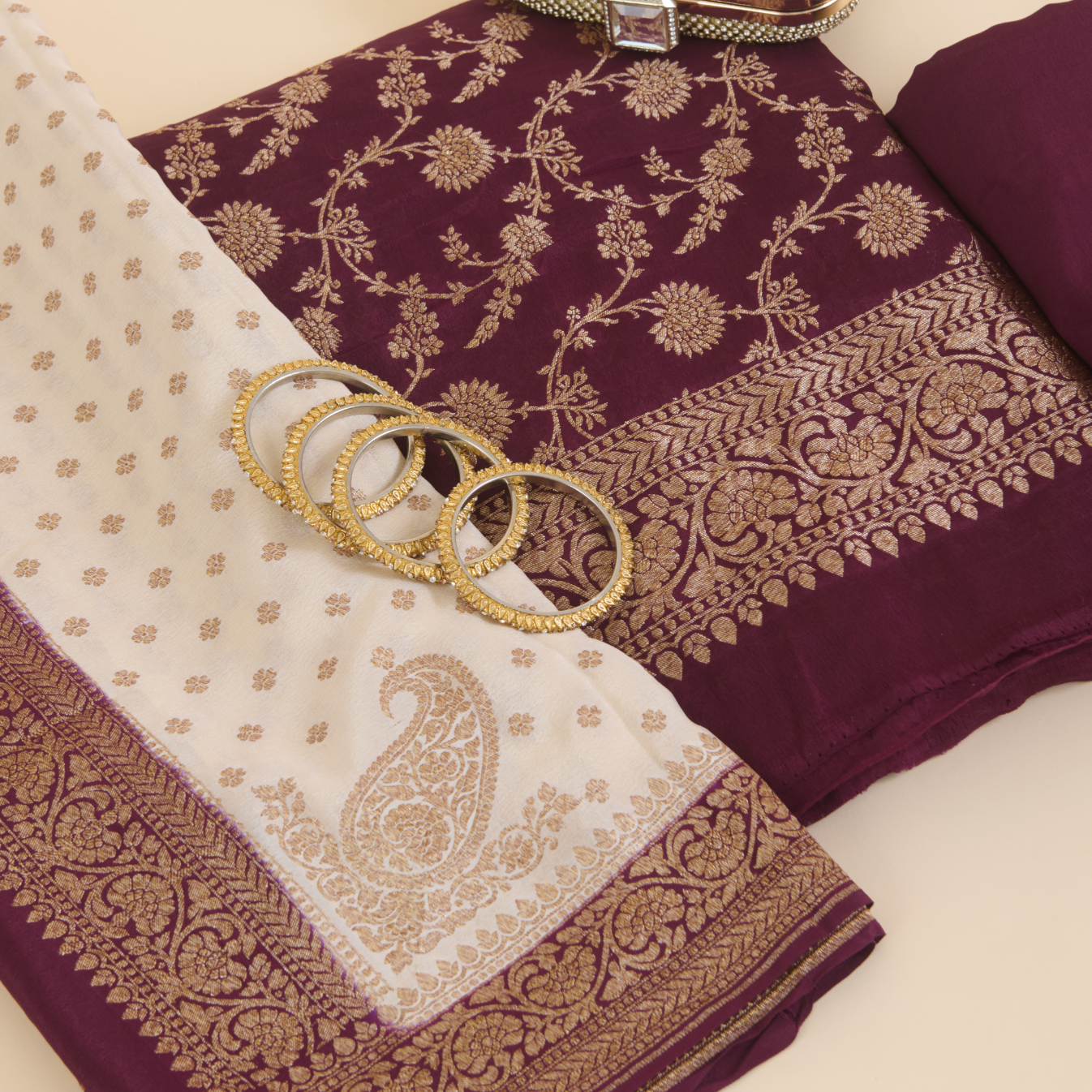Wine Pure Crepe Hand Woven Kurta with Shaded Georgette Dupatta