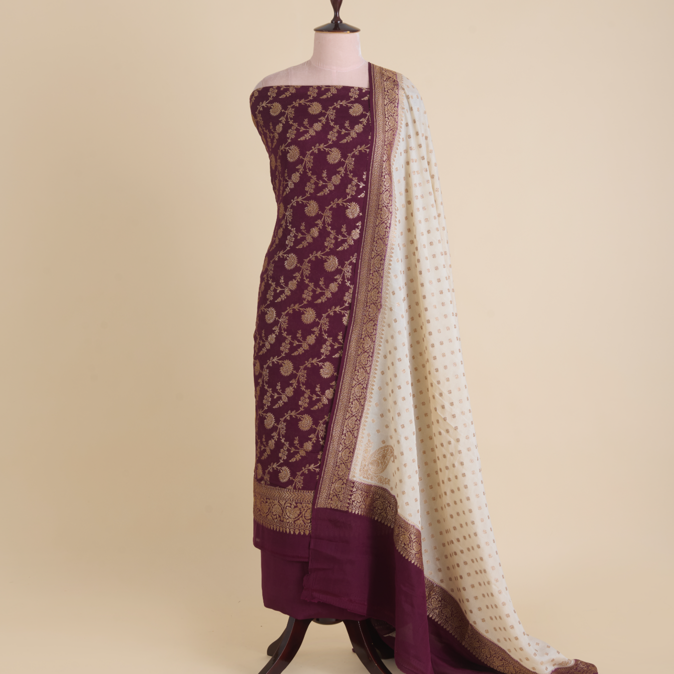 Wine Pure Crepe Hand Woven Kurta with Shaded Georgette Dupatta