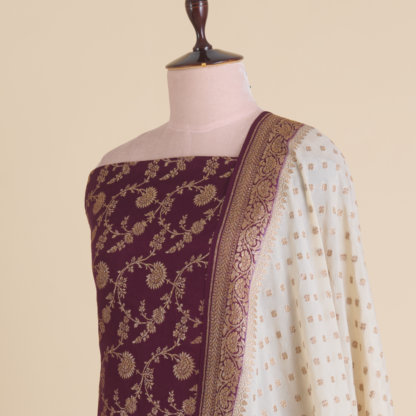 Wine Pure Crepe Hand Woven Kurta with Shaded Georgette Dupatta