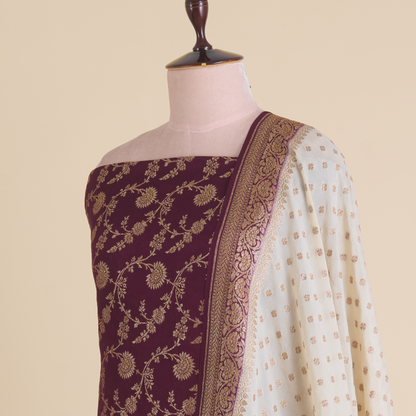 Wine Pure Crepe Hand Woven Kurta with Shaded Georgette Dupatta