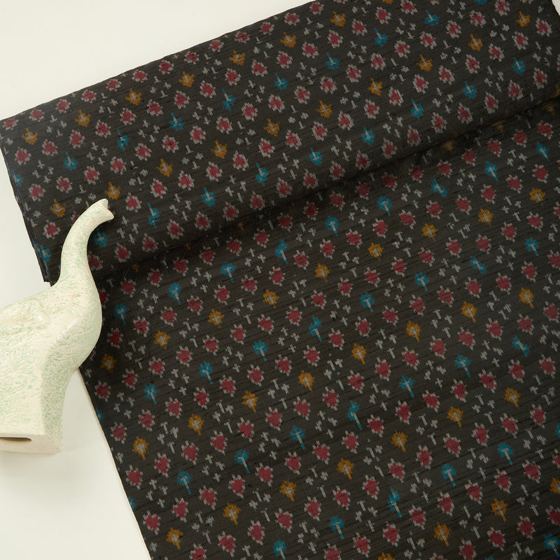 Black Raw Silk Ikat Fabric