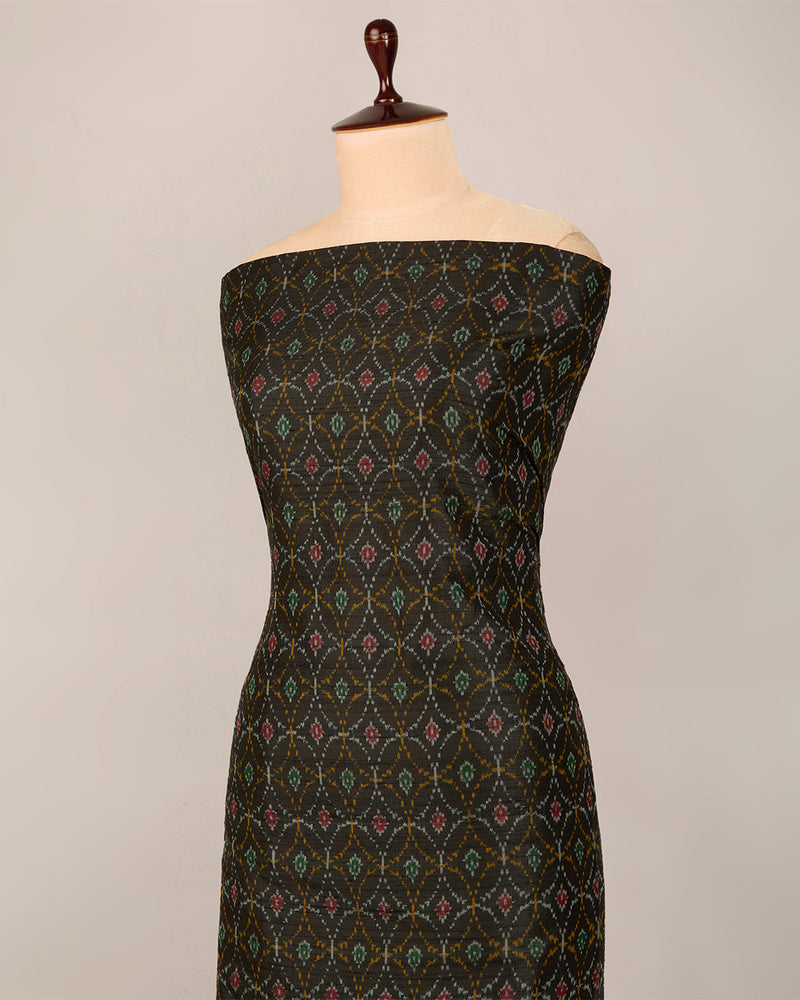 Black Raw Silk Ikat Fabric