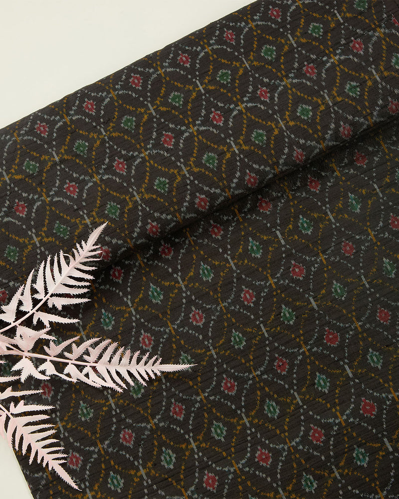 Black Raw Silk Ikat Fabric