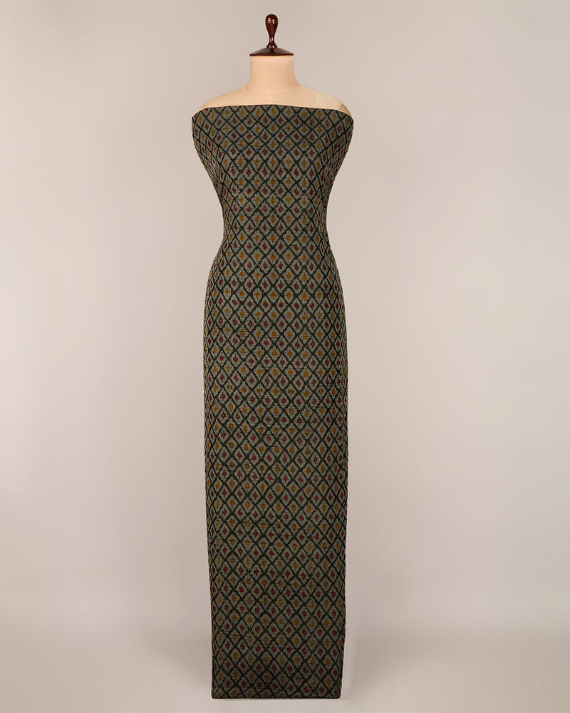 Black-Grey Raw Silk Ikat Fabric