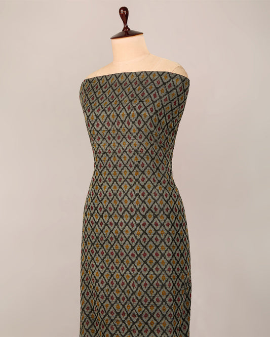 Black-Grey Raw Silk Ikat Fabric